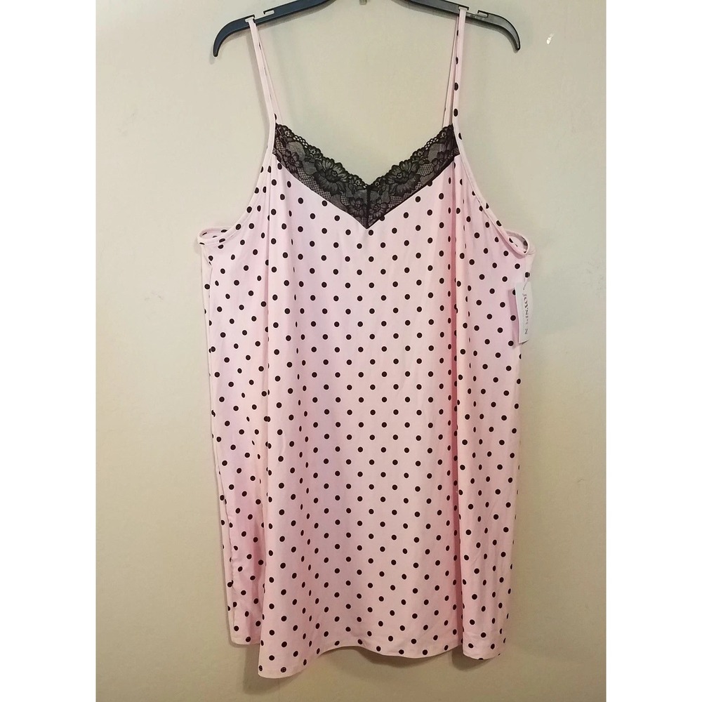 Joyspun Women Chemise Nightgown 2X Pink Black Dots Lace Sleepshirt Lingerie NEW